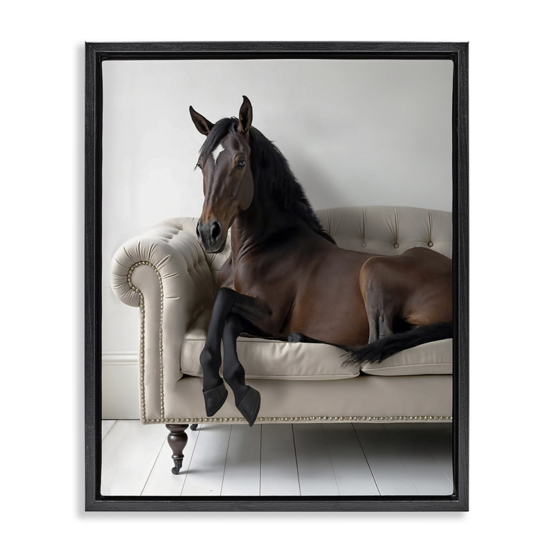 Horse Lounging on Sofa  Framed Floater Canvas Wall Art, design by Lettered and Lined, Jet Black Floater Frame, 21" H x 17" W