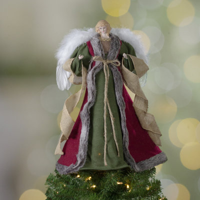 18" Green And Brown Angel In A Dress Christmas Tree Topper - Unlit