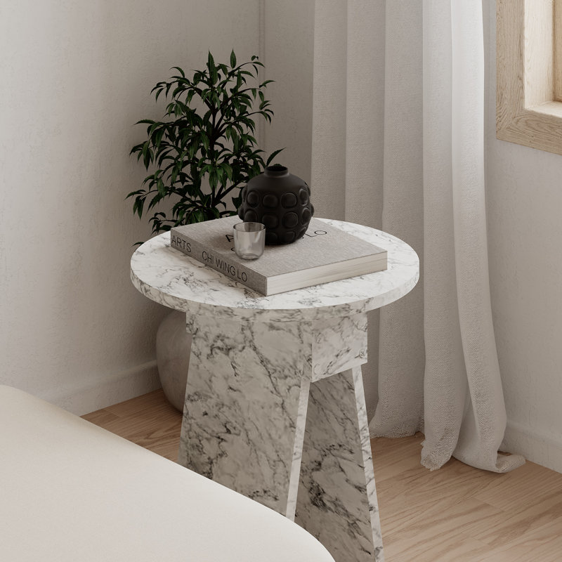 Chen Modern Side Table Minimalist with Round Top, White Marble
