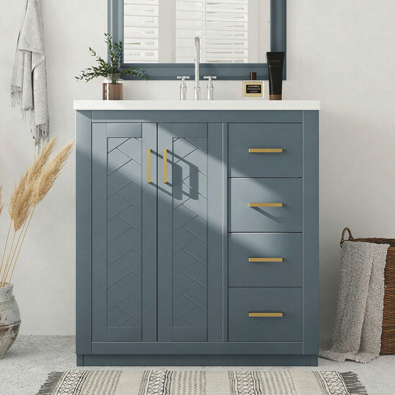 Ensemble de meuble-lavabo 30 po avec lavabo en céramique, armoire de rangement en bois massif, ensemble de meuble-lavabo autoportant avec 3 tiroirs et portes à fermeture douce