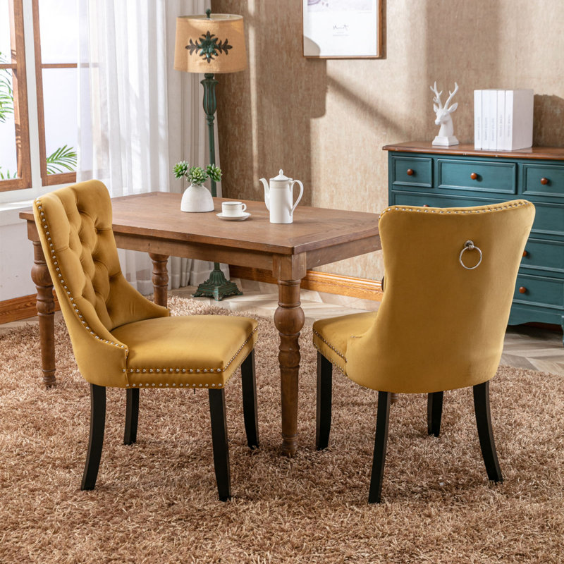 Jermell Tufted Velvet Dining Chairs, Gold Velvet, Black, 2