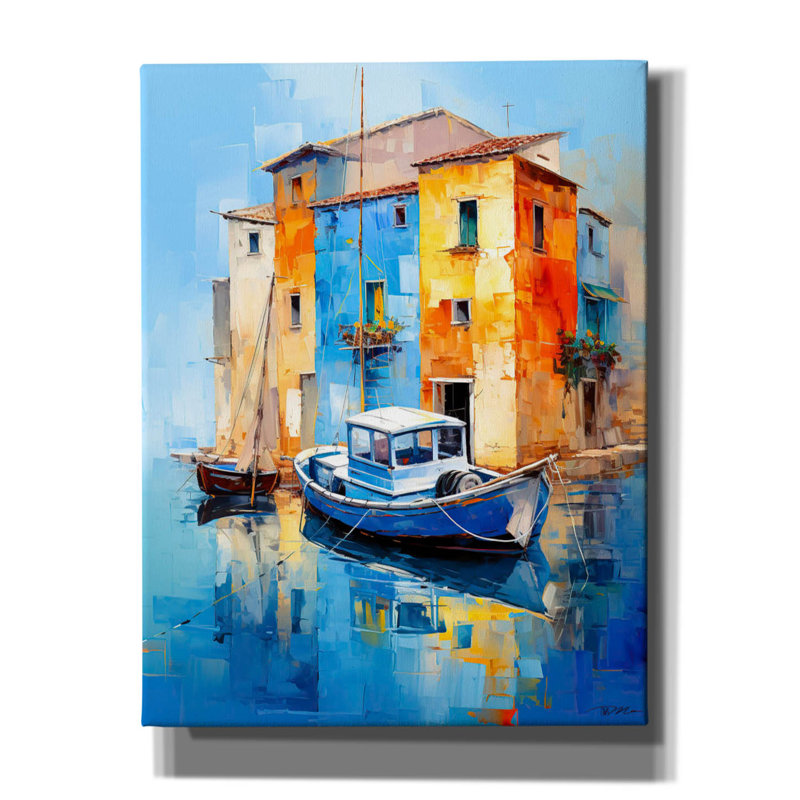 Art mural sur toile Breakwater Bay «House On The Water And Boat» par Momart, 26 po x 34 po