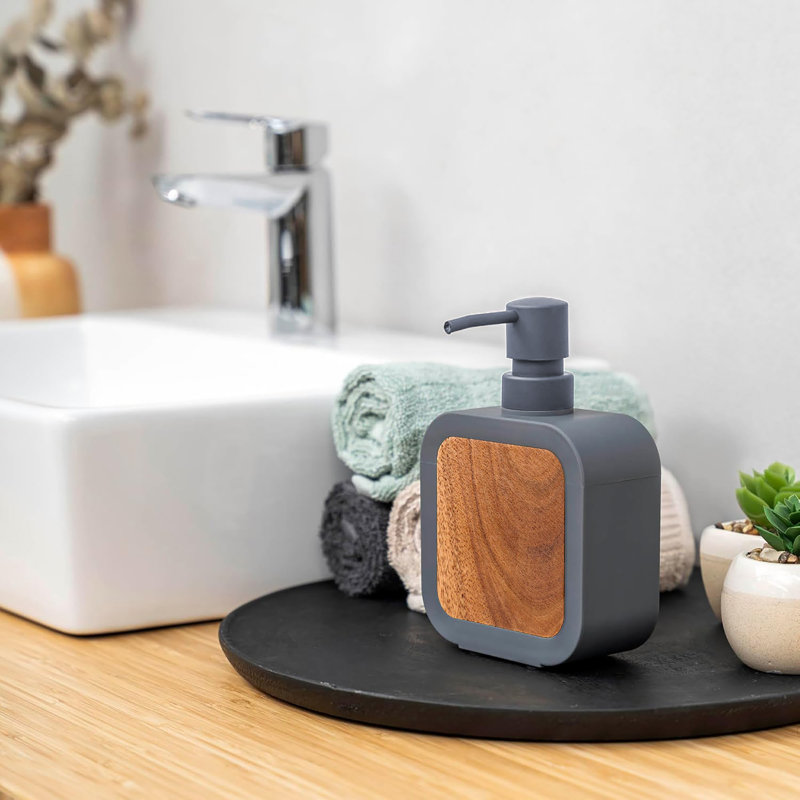 Distributeur de savon contemporain en caoutchouc et bois, Gris