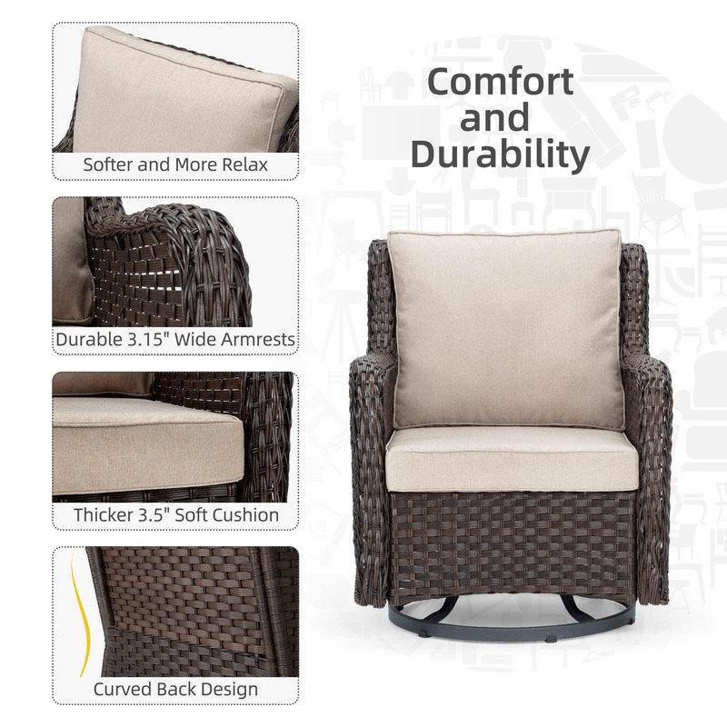 Ensemble de chaises de patio 3 pièces pivotantes en osier avec table, Beige