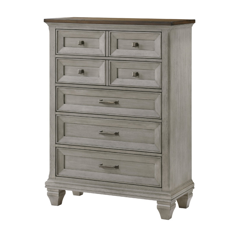 Commode haute Giny, 5 tiroirs, bois d'acacia brun et gris antique