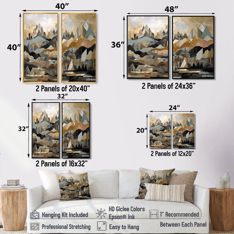 Horizons géométriques gris et dorés I - Toile moderne verte, 2 panneaux, 36'' H x 48'' W, Impression encadrée flottante