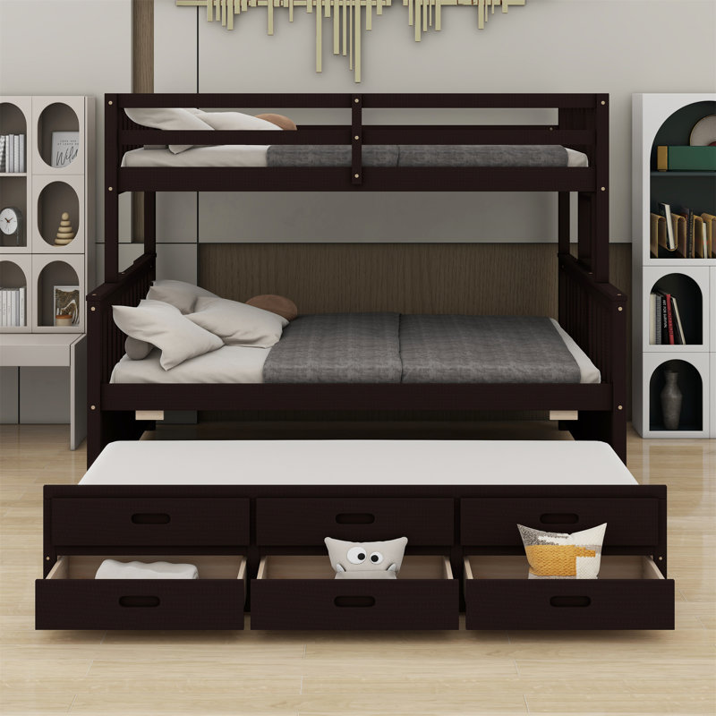 Janada Kids Twin Over Full Bunk Bed with Trundle with Drawers, Espresso