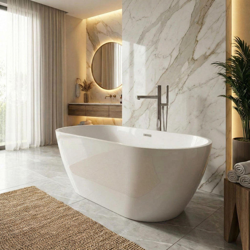 Spacious Acrylic Freestanding Bathtub – Deep Soaking Stand Alone Tub with Chrome Overflow & Drain – Glossy White, Modern Design – Flora Acrylic Freestanding Bathtub with Chrome Drain 1500mm
