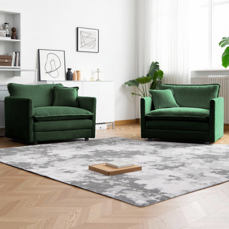 Ensemble de canapé simple avec 2 fauteuils rembourrés en chenille et coussins décoratifs confortables, Vert