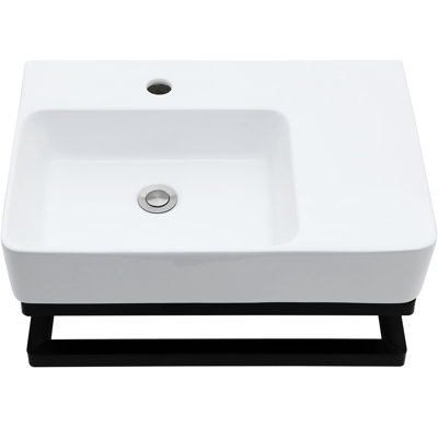 Wall - Mounted Ceramic Bathroom Sink 22.88"X16.5" With Faucet Hole And Black Towel Bar, Installation Process Bar Hole, Great For Restaurants Schools