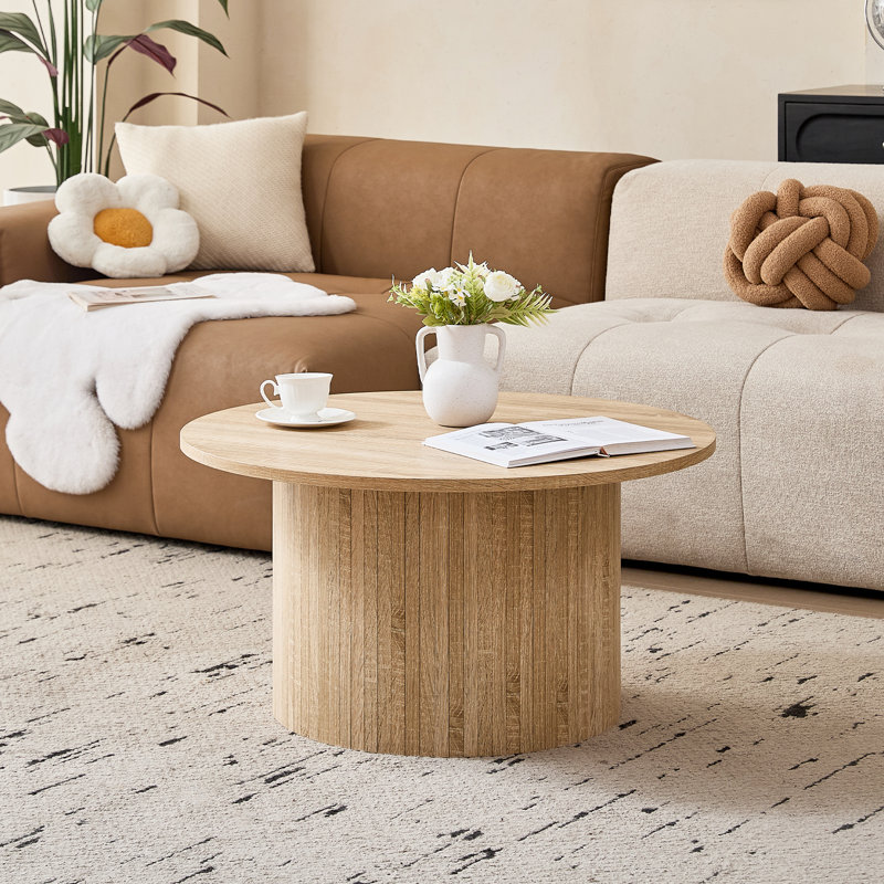 Table basse ronde moderne 31,5 po avec base en piédestal, finition grain de bois, naturel, Bois naturel / jaune