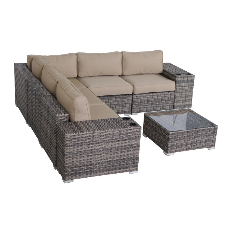 Ensemble de conversation en osier pour 4 personnes avec coussins Sunbrella, Mélange de gris, Beige