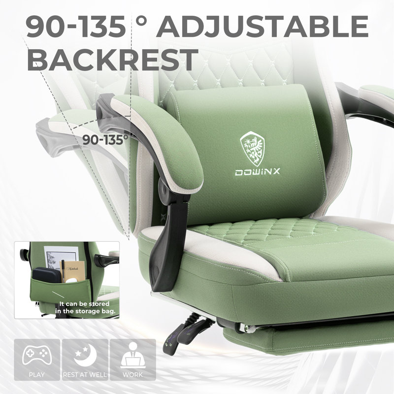 Breathable Fabric Gaming Chair, Comfort Office Chair with Gel Cushion and Storage Bag, Game Chair with Pocket Spring Cushion and Footrest