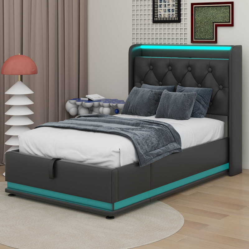 Hexham Upholstered Bed, 360 Surround LED Function, Hydraulic Storage, Twin