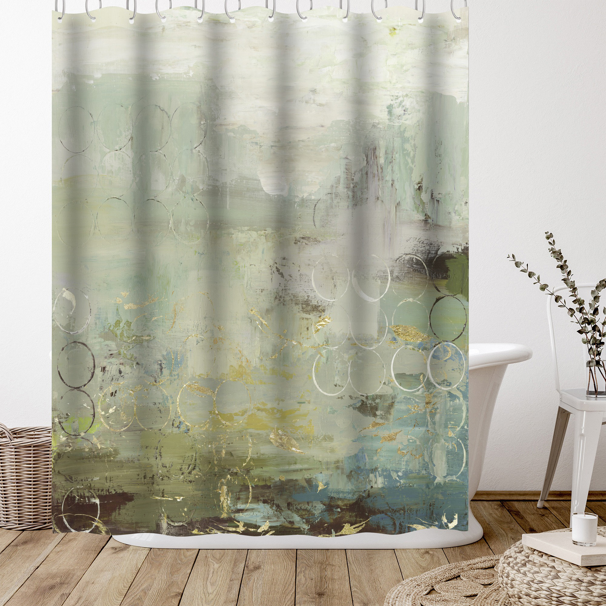 Sage Green and White Abstract Geometric Shower Curtain Bathroom Accessories  Set