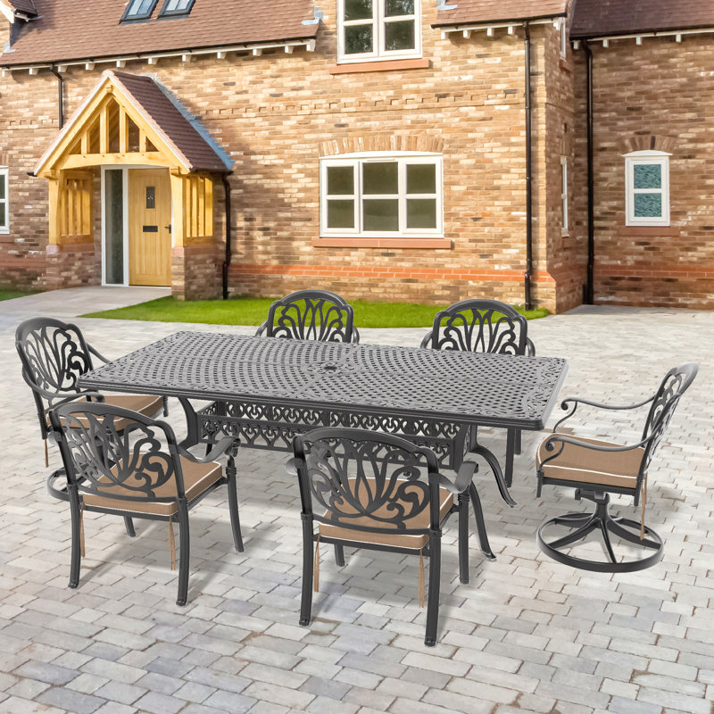 Ensemble de salle à manger 7 pièces en fonte d'aluminium toutes saisons comprenant 2 chaises pivotantes, 6 chaises et une table rectangulaire avec cadre noir