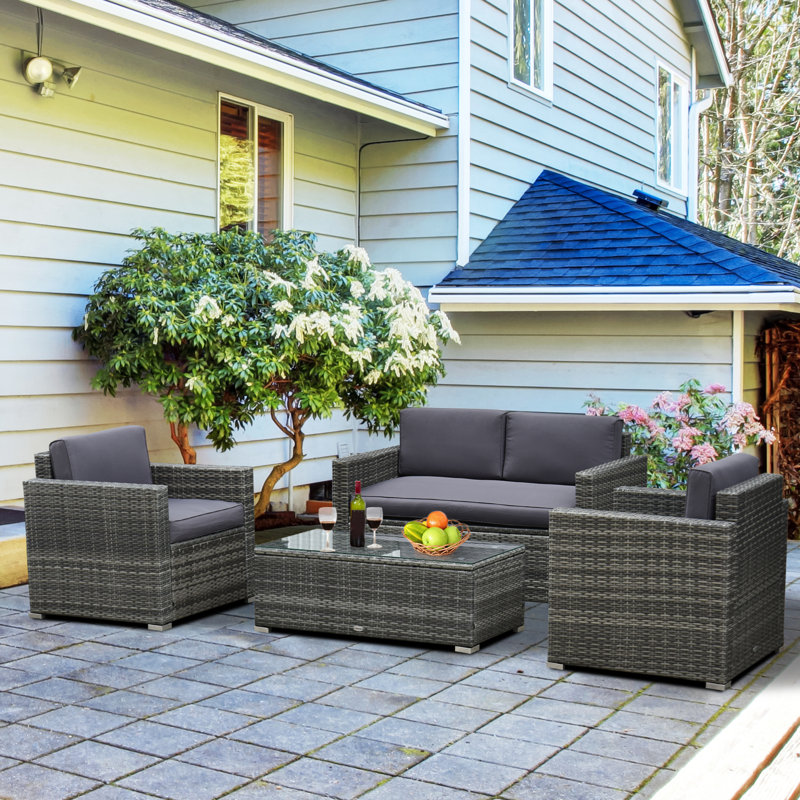Phillipsville Wicker 4 - Person Patio Conversation Set with Cushions, Gray Frame/Charcoal Cushion