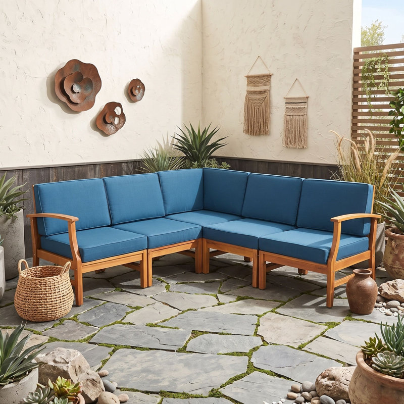 Ensemble de canapé d'extérieur modulaire 5 pièces en bois d'acacia avec coussins résistants à l'eau pour terrasses, Bleu