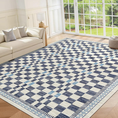 2x6 Washable Runner Rug for Kitchen, Bathroom, Non-Slip, Low Pile, Stain-Resistant, Abstract Checkered Carpet, Entryway, Laundry, Yellow.