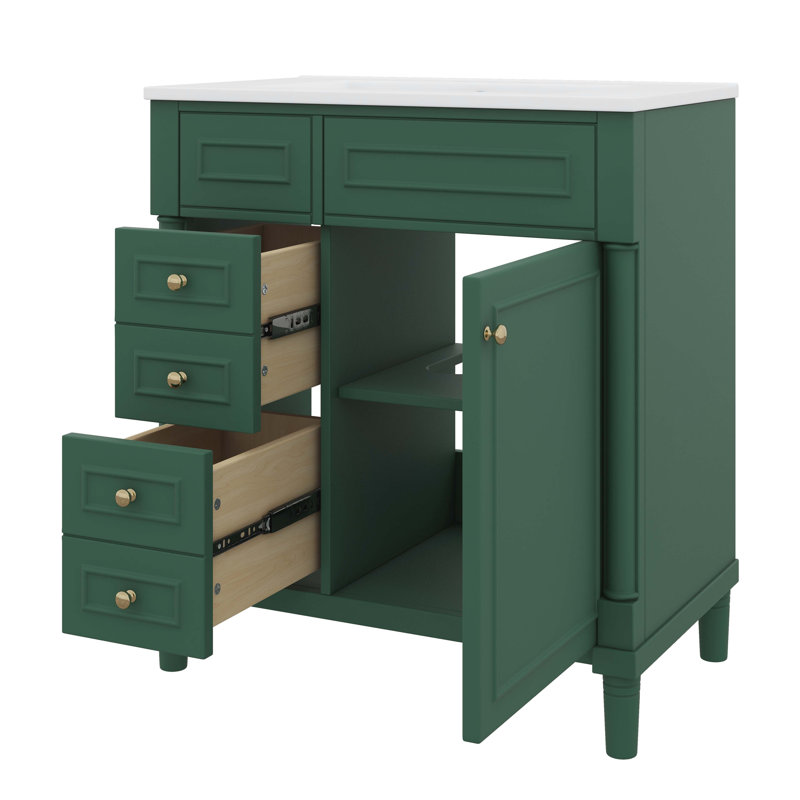 Meuble-lavabo 30 po avec meuble-lavabo moderne avec 2 tiroirs, 1 tablette ajustable et 1 porte à fermeture douce, Vert/doré