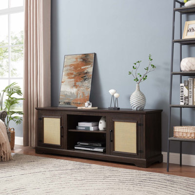 Meuble télé Farmhouse pour téléviseur de 70 po ou moins, console avec 2 tablettes de rangement, 2 armoires à portes en rotin naturel, l 65 po x P 15,55 po x H 23,86 po