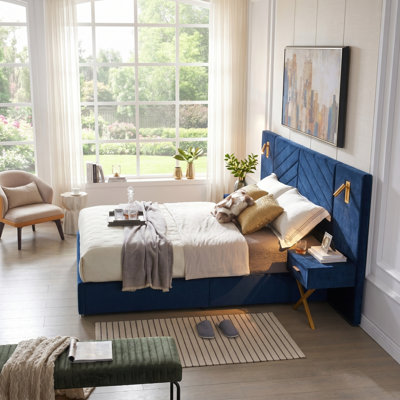 Modern Velvet Upholstered Platform Bed Frame with Tufted Wingback Headboard, No Box Spring Needed, Easy Assembly