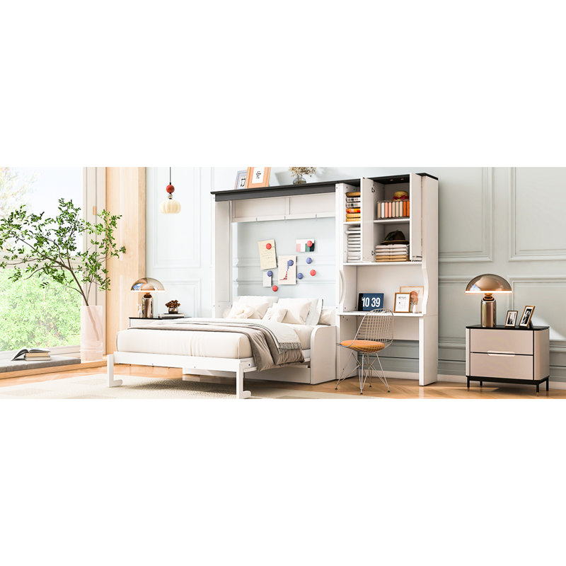 Espace avec lit double, bureau et rangement - Conception pliable, coussins moelleux, rangement spacieux, blanc multifonctionnel pour des espaces de vie compacts, blanc, durabilité à long terme