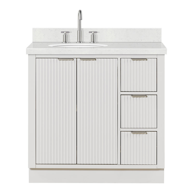 Haun 36'' Solid Wood Single Bathroom Vanity with 1.5'' Carrara Quartz Top, Left Offset, Oval Sink, Oval, Warm White, Left