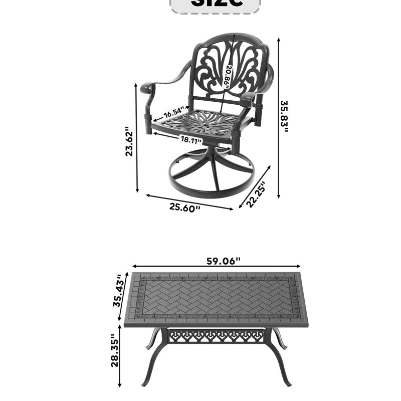 Table en aluminium moulé 5 saisons Adrik: 4 chaises pivotantes et table rectangulaire, noir, lignes gracieuses, siège et dossier confortables, résistance, coussin inclus, aluminium facile à assembler, table