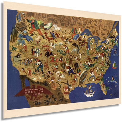 HISTORIX, carte de l'Amérique et son folklore rétro de 1946 - 18 x 24 pouces William Gropper's America