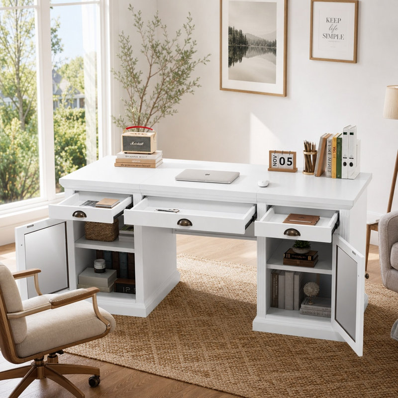 Bureau de direction UnaSta avec 2 armoires à portes en verre et 3 tiroirs - Bureau personnel avec tablettes réglables, finition blanche