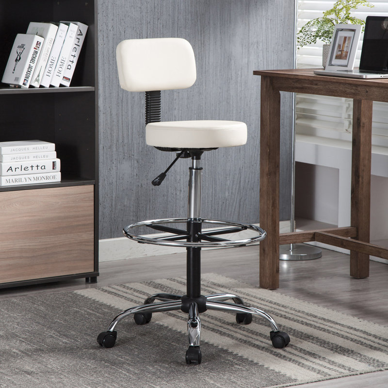 Fauteuil à roulettes réglable réglable - Tabouret de dessinateur en similicuir pour le bureau ou le studio, Crème, crème