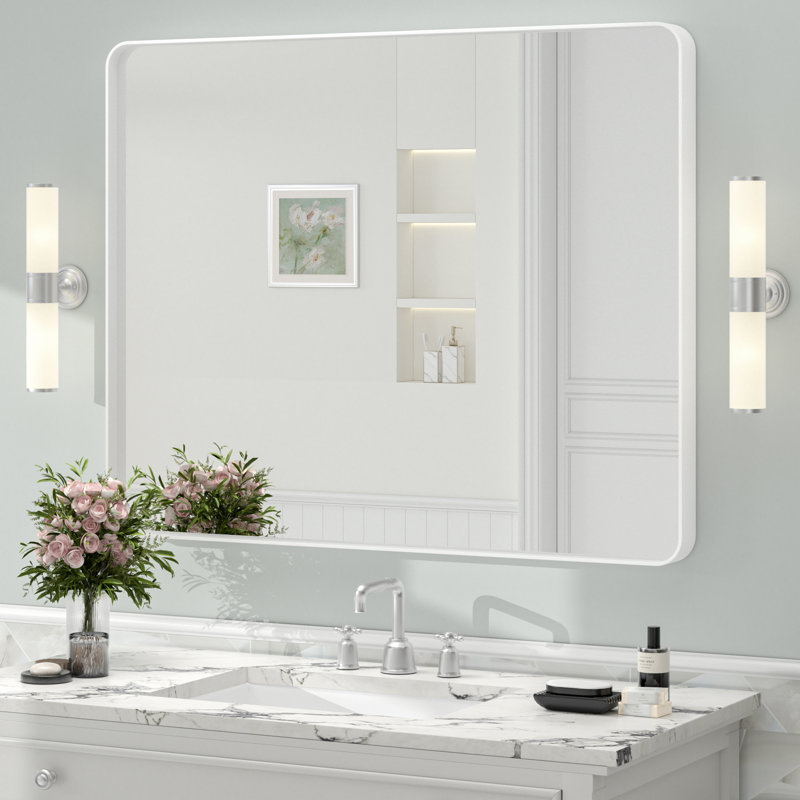 Miroir de salle de bain mural en verre trempé et métal Molly, 40 po x 32 po, Blanc, Rectangle(Rounded Corner)