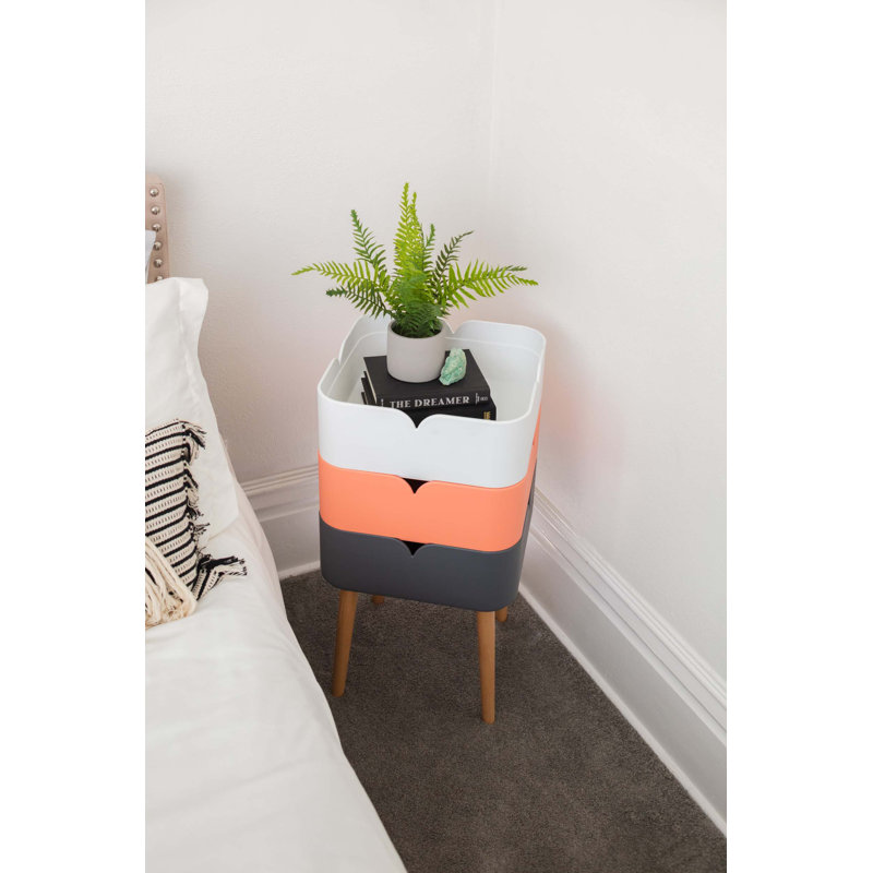 End Table With 3 Square Stacking Storage Bins, Natural Wool Legs