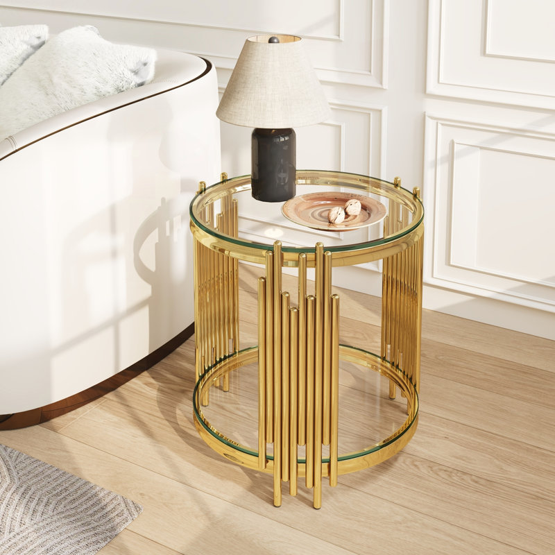 Table de bout ronde en verre à 2 niveaux avec cadre en verre transparent et or, H 21,26 po x l 19,7 po x P 19,7 po