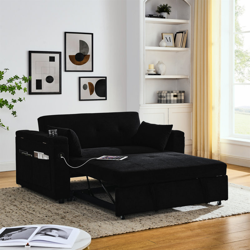 54" Pull-Out Sleeper Sofa Bed Double Seat Recliner Sofa Bed With Armrests With Storage And Side Pockets, Black Chenille