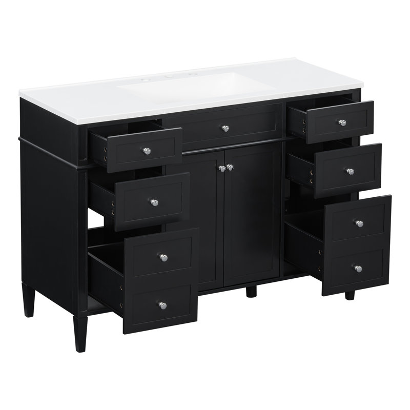 Meuble-lavabo de salle de bain de 122 cm (48 po) avec lavabo, meuble-lavabo autoportant en MDF avec 6 tiroirs et 2 portes, ensemble meuble-lavabo avec lavabo en composite, charnières à fermeture douce et poignées en métal argenté