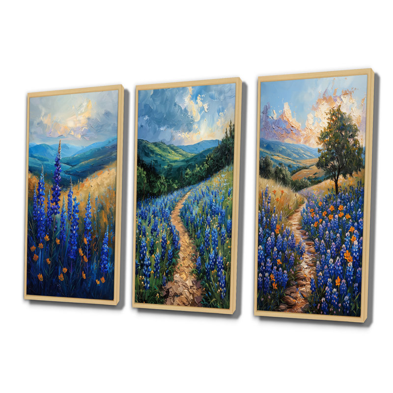 «Blue Green Meadow Charm Blue Bonnets I», collection d'art mural Blue Bonnets, H 32 po x l 48 po, Crème, crème