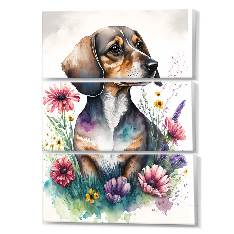 Teckel entouré de fleurs I - animaux, chien, teckel, ensemble d'art mural, H 48 po x l 32 po x P 1 po