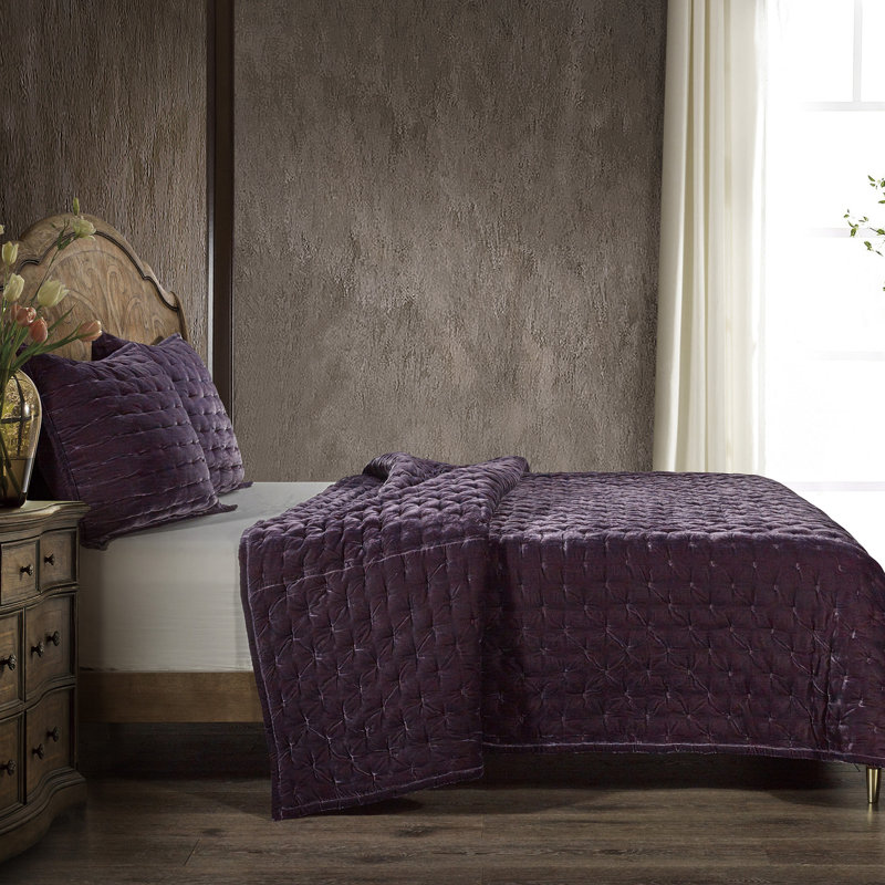 Ensemble de courtepointe Stella, Courtepointe pour grand lit + 2 taies décoratives, Violet foncé