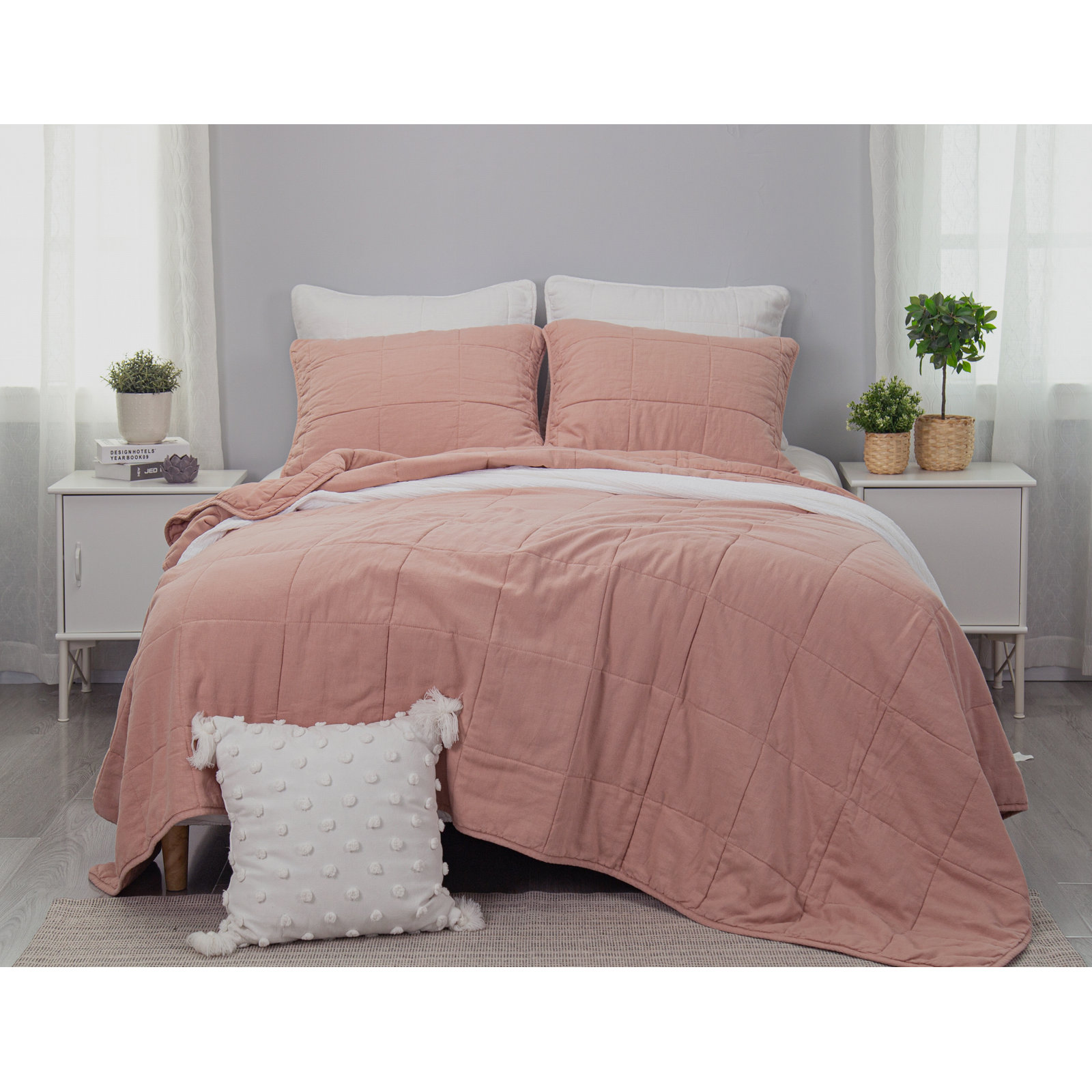 Linen Blend Quilt Set, Queen Quilt + 2 Shams, Pink