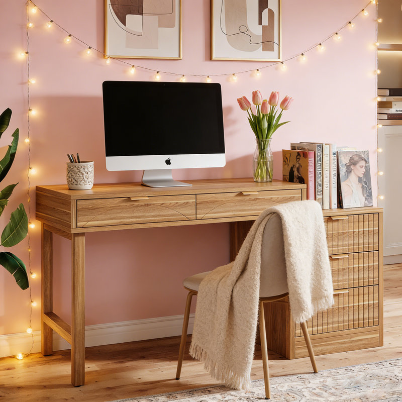 Small Computer Desk With Drawers, Brown