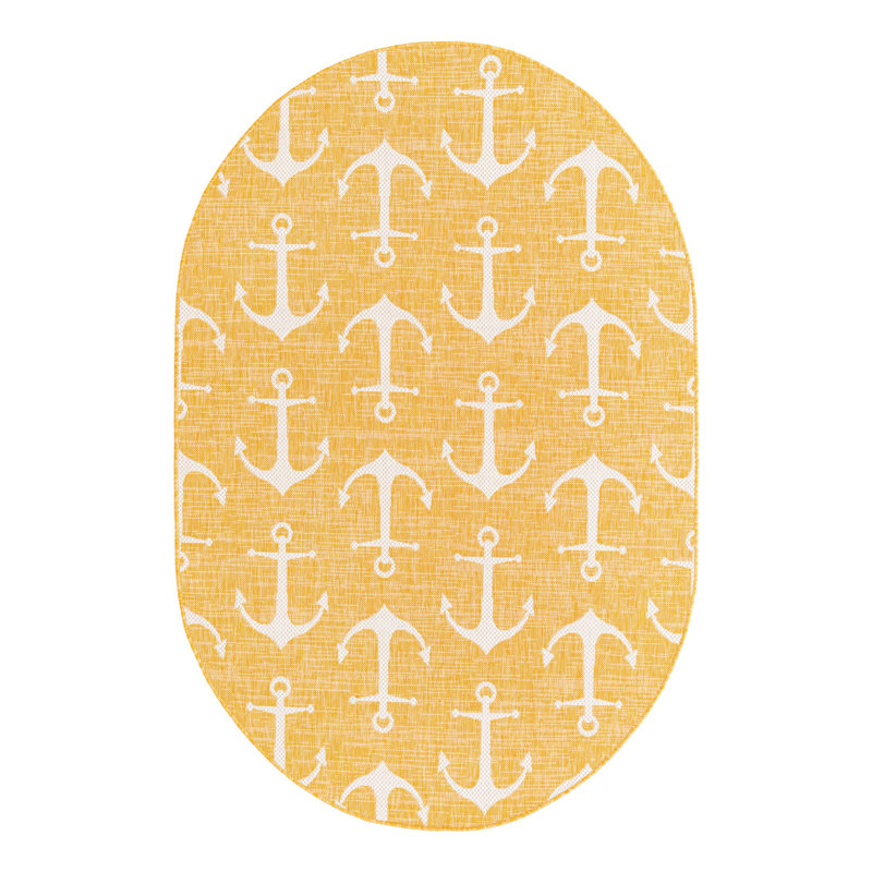Tapis d'intérieur / extérieur en plastique tissé à la machine Glidden - jaune / ivoire, Ovale 5 pi 3 po x 7 pi 10 po