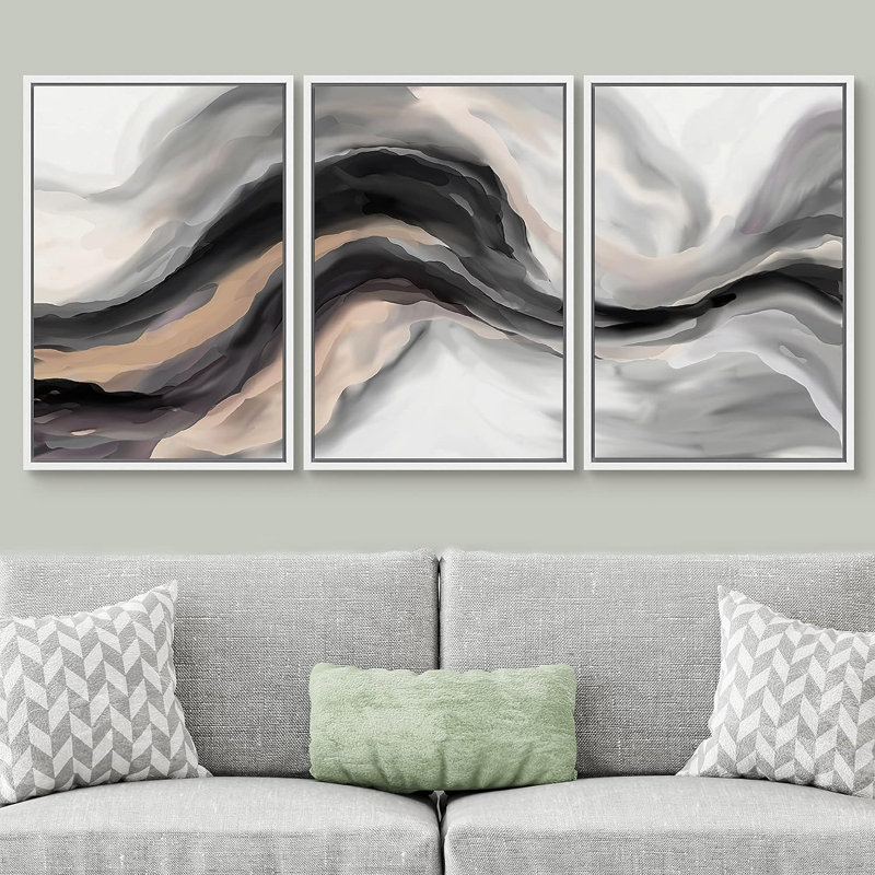 «Smoke Effect Black Tan Pastel Watercolor Ink Smoke Wave Landscape», impression sur toile, 3 pièces, Cadre blanc