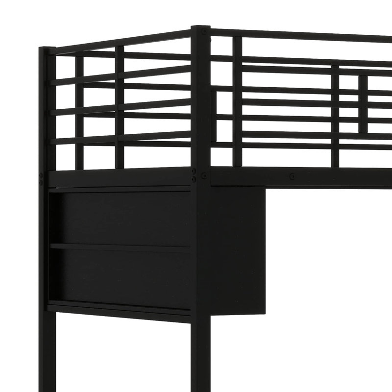 Loft Bed With Built-In Desk, Metal Twin Size Loft Bed Frame With LED And 4 Storage Shelves