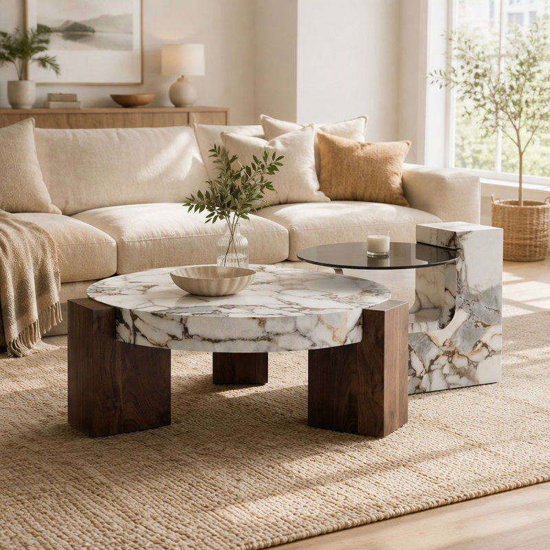 Un ensemble de 2 tables basses gigognes au design élégant et distinctif; La conception amovible permet une utilisation plus flexible de l'espace et convient à une variété de décors.