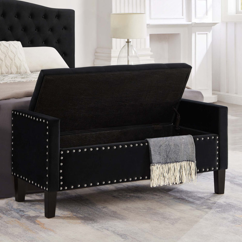 Banc de rangement rembourré capitonné avec garniture cloutée et accoudoirs pour le vestibule et le salon, Noir