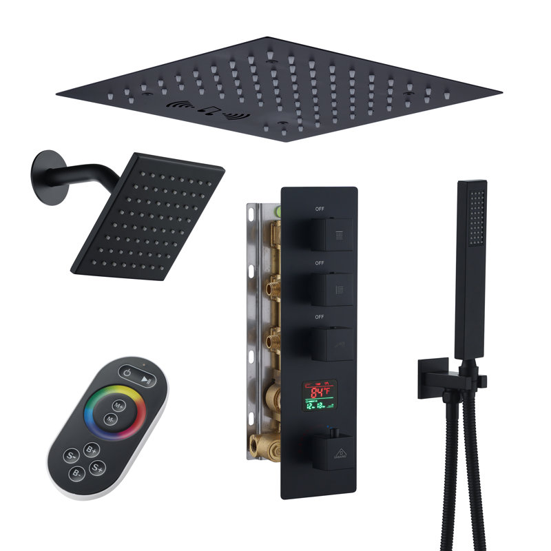 Matte Black 12" LED Rain Shower System with Bluetooth Speaker