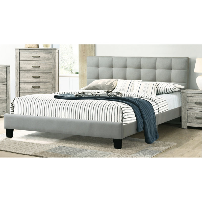 Grand lit moderne avec tête de lit et panneau de particules gris, Grand lit, Gris clair