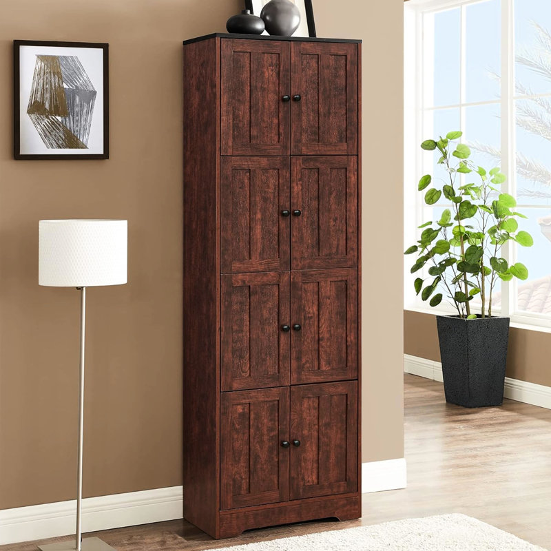 Grande armoire de rangement avec 8 portes et 4 tablettes, armoire de rangement murale pour salon, cuisine, bureau, chambre à coucher, salle de bain, noyer